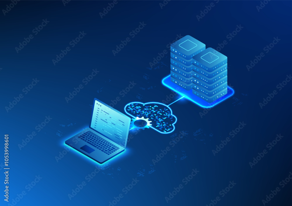 Poster technology background, computers connected to the cloud and servers. the cloud is a system that stor