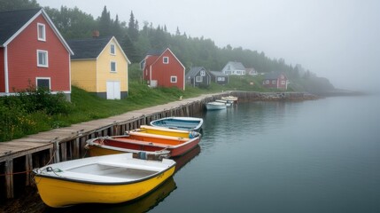 Obraz premium Scenic Small Fishing Village in Foggy Atmosphere