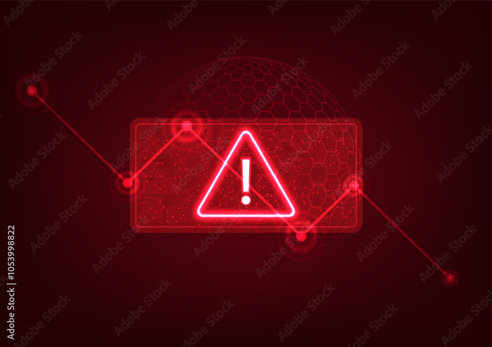 Poster background of technology stock chart screen showing warning symbol, downward stock chart, indicating
