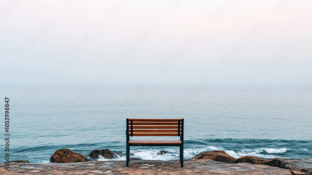 Poster foggy coastline with waves and empty bench