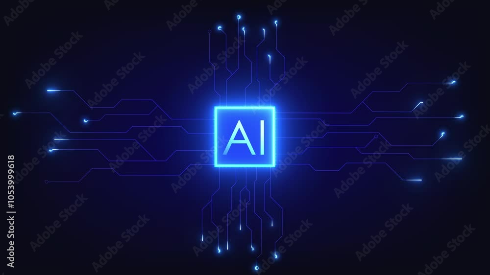 Poster artificial intelligence technology background, ai chip is breaking the circuit line, it means learni