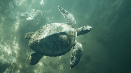 Fototapeta premium Turtle underwater, surrounded by plastic pollution, highlighting environmental challenges in the ocean.