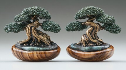 Two intricately crafted bonsai tree sculptures on wooden bases.