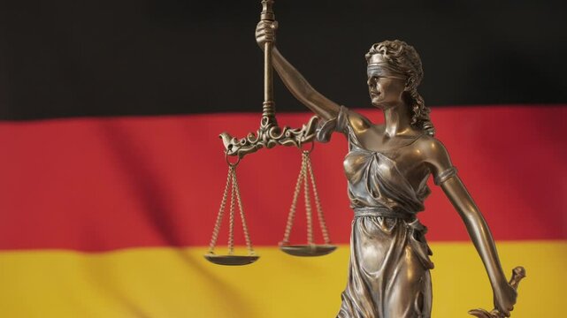 Lady Justice statue with Germany flag as background. German Law and justice concept. Legal system.