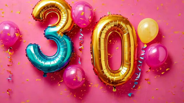 Celebrating a 30th birthday with balloons and confetti