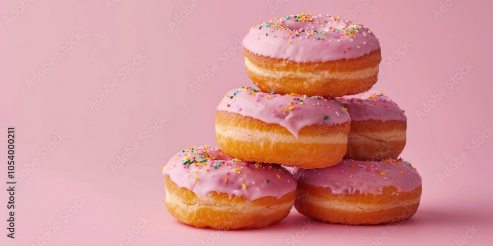 Aufkleber stack of pink frosted donuts with sprinkles on top. the donuts are piled on top of each other, creat