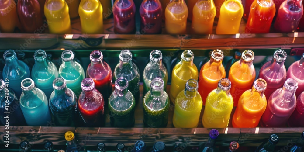 Poster row of colorful bottles with different colored liquids inside. the bottles are arranged in a row and