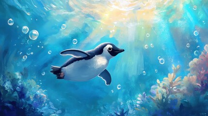Naklejka premium Underwater view of a penguin swimming in clear blue water, surrounded by bubbles and aquatic life.