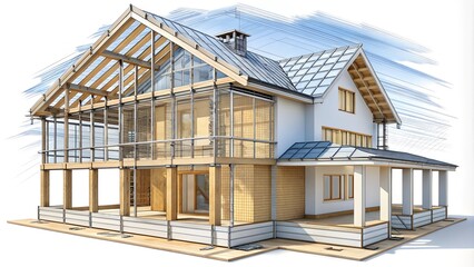 Obraz premium Construction Building House Home Framing Wood Lumber Structure Framework Skeleton