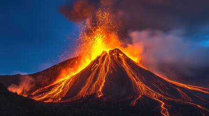 Fototapeta premium Erupting volcano with lava flows and thick smoke under twilight sky. Dramatic natural phenomenon and volcanic activity concept.