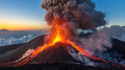 Fototapeta premium Erupting volcano with lava flows and thick smoke under twilight sky. Dramatic natural phenomenon and volcanic activity concept.