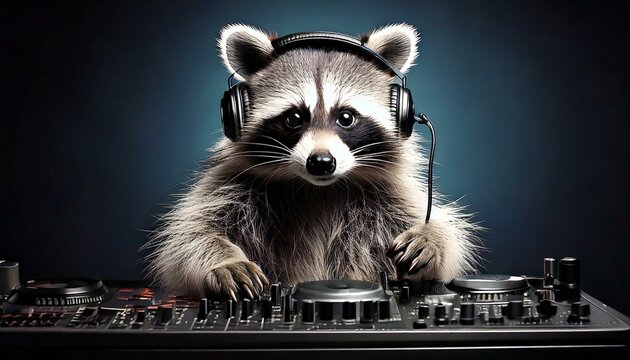 Guaxinim com fone de ouvido imitando um DJ mexendo na mesa de som