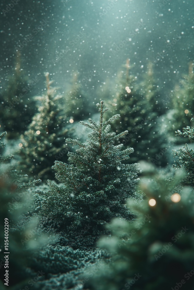 Poster snowy forest with many pine trees. the snow is falling and the trees are covered in a layer of frost