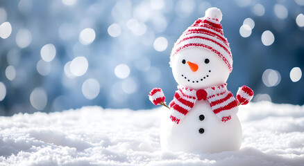 Fototapeta premium Christmas decoration with a cute cheerful snowman in the snow in the winter forest bokeh background. AI generative. 