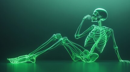 A glowing green skeleton in a relaxed pose