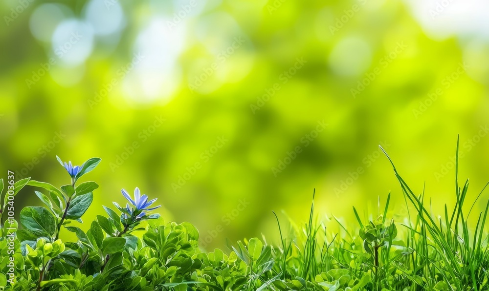 Poster abstract background with bokeh of green grass and blue sky - world environment day concept