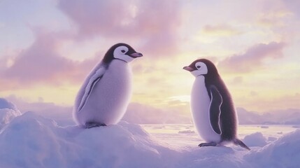 Obraz premium Watercolor illustration of two penguins standing on ice, surrounded by soft winter hues.