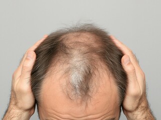 Fototapeta premium An individual with receding hair lines and thinning hair holding his hair back. Early signs of male pattern baldness.