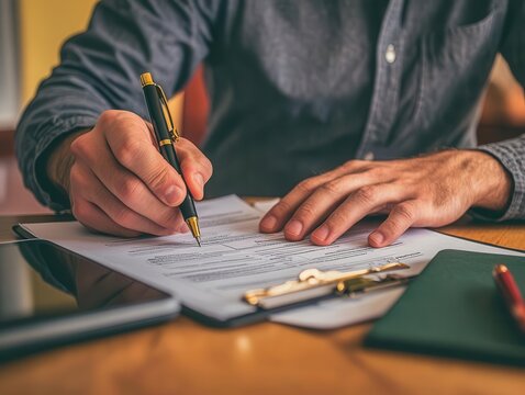 A person filling out a real estate checklist while reviewing a home inspection report