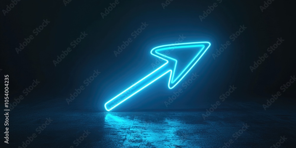 Poster neon arrow pointing upwards in the dark. the image has a futuristic and mysterious vibe. the blue co