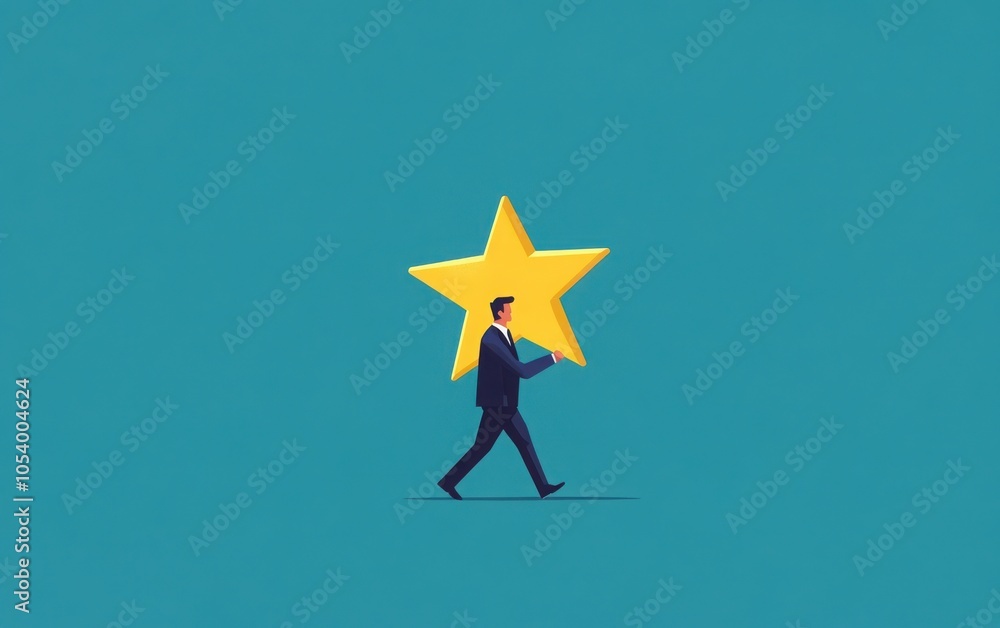 Wall mural a flat vector illustration of a business professional happily walking while clutching a giant yellow