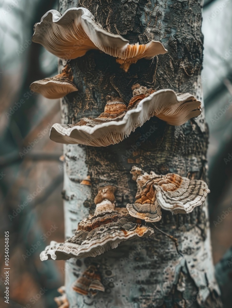 Poster tree with a variety of mushrooms growing on it. the mushrooms are of different sizes and colors, cre