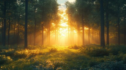 Obraz premium Serene forest at sunrise with golden light filtering through trees.