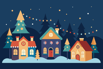 Fototapeta premium Christmas Village tiny houses and cozy Lights vector illustration