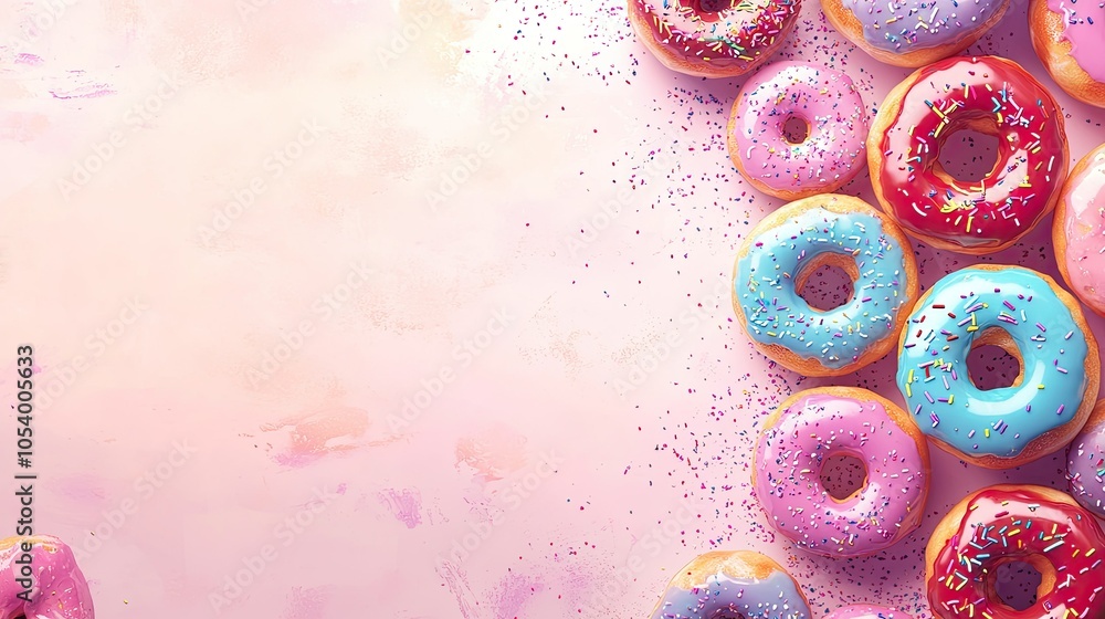 Poster a colorful array of donuts with sprinkles and glaze, with copy space for international dessert day m