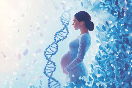 causasian pregnant woman surrounded by DNA helices. Prenatal genetic testing, NIPT. Illustration