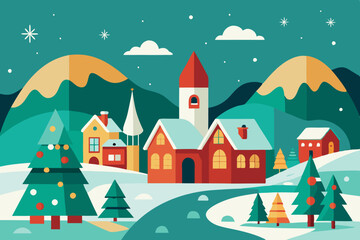 Fototapeta premium Christmas village in vintage style vector illustration