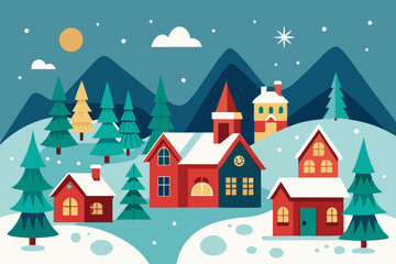 Fototapeta premium Christmas village in vintage style vector illustration