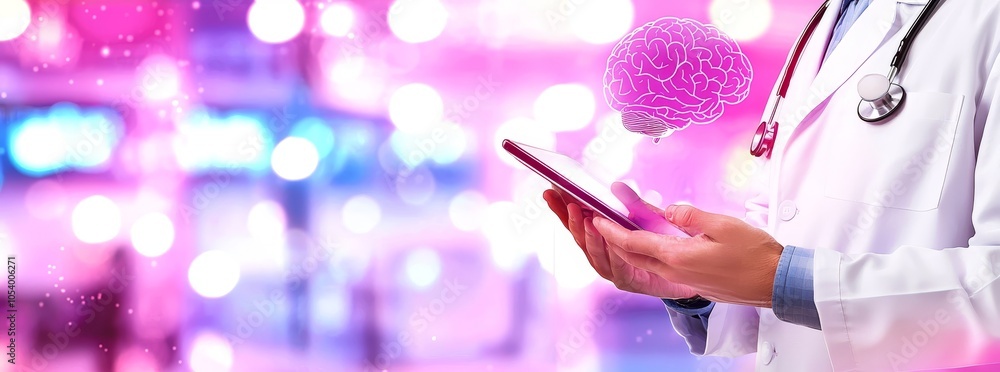 Aufkleber Doctor checking brain testing results with computer interface, innovative science and medicine concept