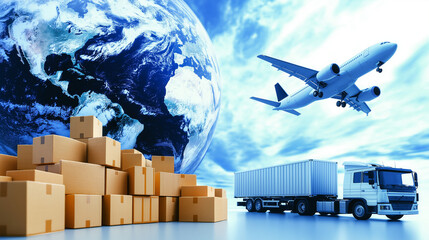 Global Logistics and Delivery Network:  A fast and efficient delivery service, reaching customers worldwide. This image depicts a global network, symbolized by a plane, truck.