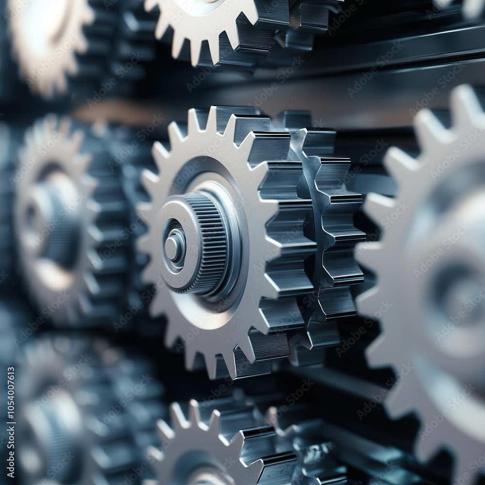 Poster a close-up view of interconnected metallic gears, showcasing intricate machinery and precision engin