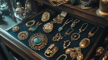 Antique Jewelry Collection Displayed in Glass Case