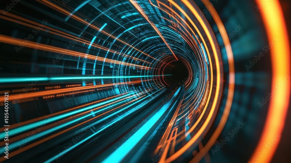 Poster a vibrant digital tunnel with blue and orange lines creating a sense of motion and depth, evoking a 