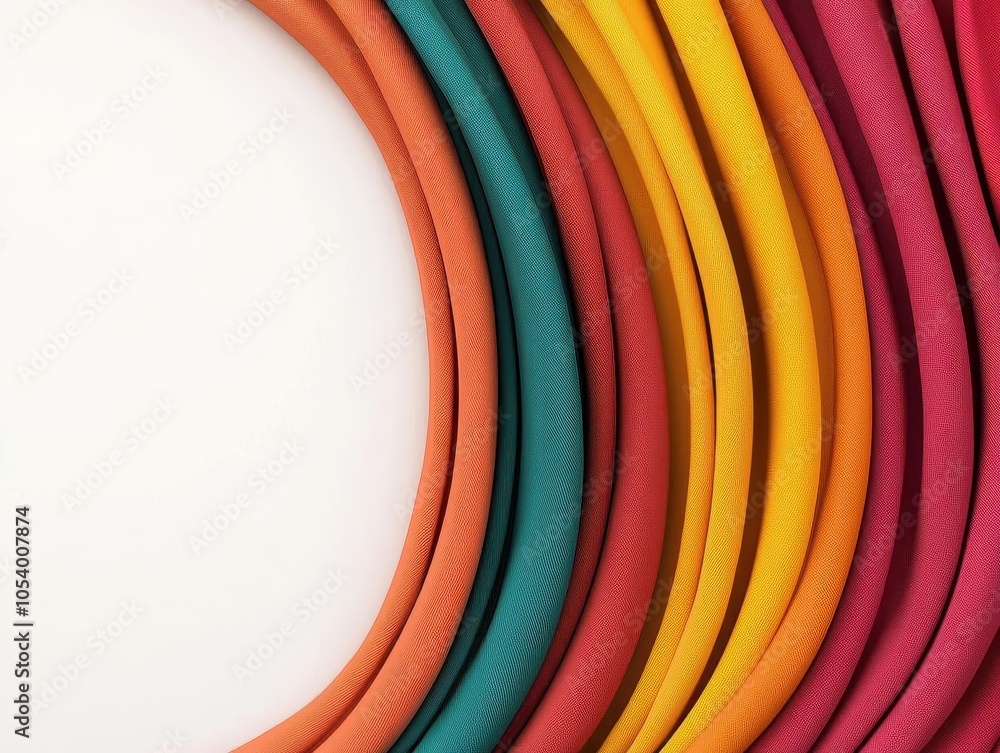 Poster a vibrant arrangement of colorful ropes or bands, creating a visually appealing curve against a blan