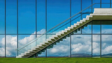Fototapeta premium Modern Office Building with Glass Exterior in Park, Natural Lighting and Blue Sky Background