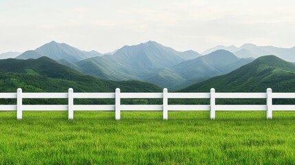 White Fence Against a Background of Lush Green Mountains, Evoking Tranquility and Open Spaces