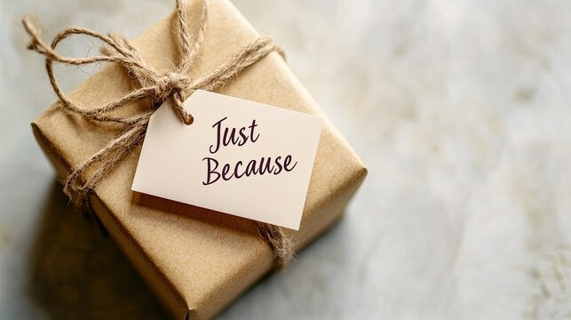 A small wrapped gift with a tag reading "Just Because" on a neutral background, with space for World Kindness Day messages