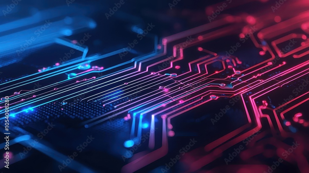Aufkleber a close-up view of a vibrant electronic circuit board with intricate patterns, illuminated in blue a