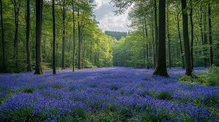 A serene forest scene with a vibrant bluebell meadow under a canopy of green trees.