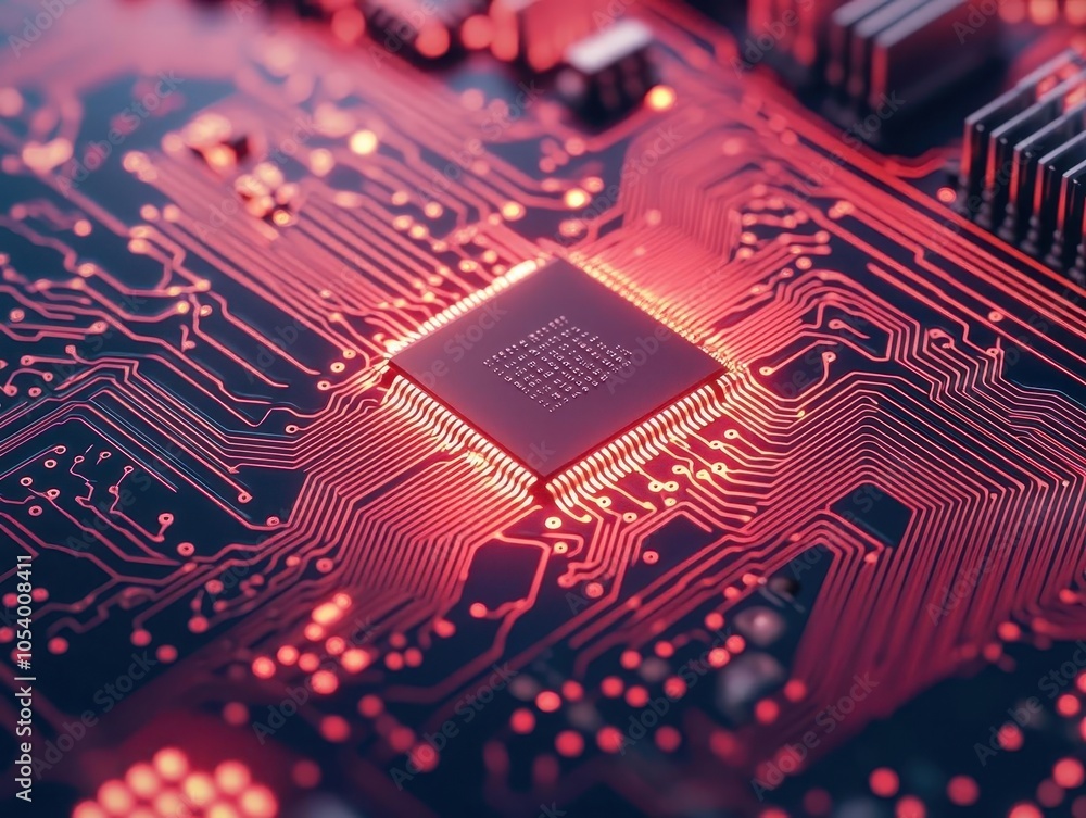 Poster a close-up of a circuit board featuring intricate wiring and a central processor, illuminated by red