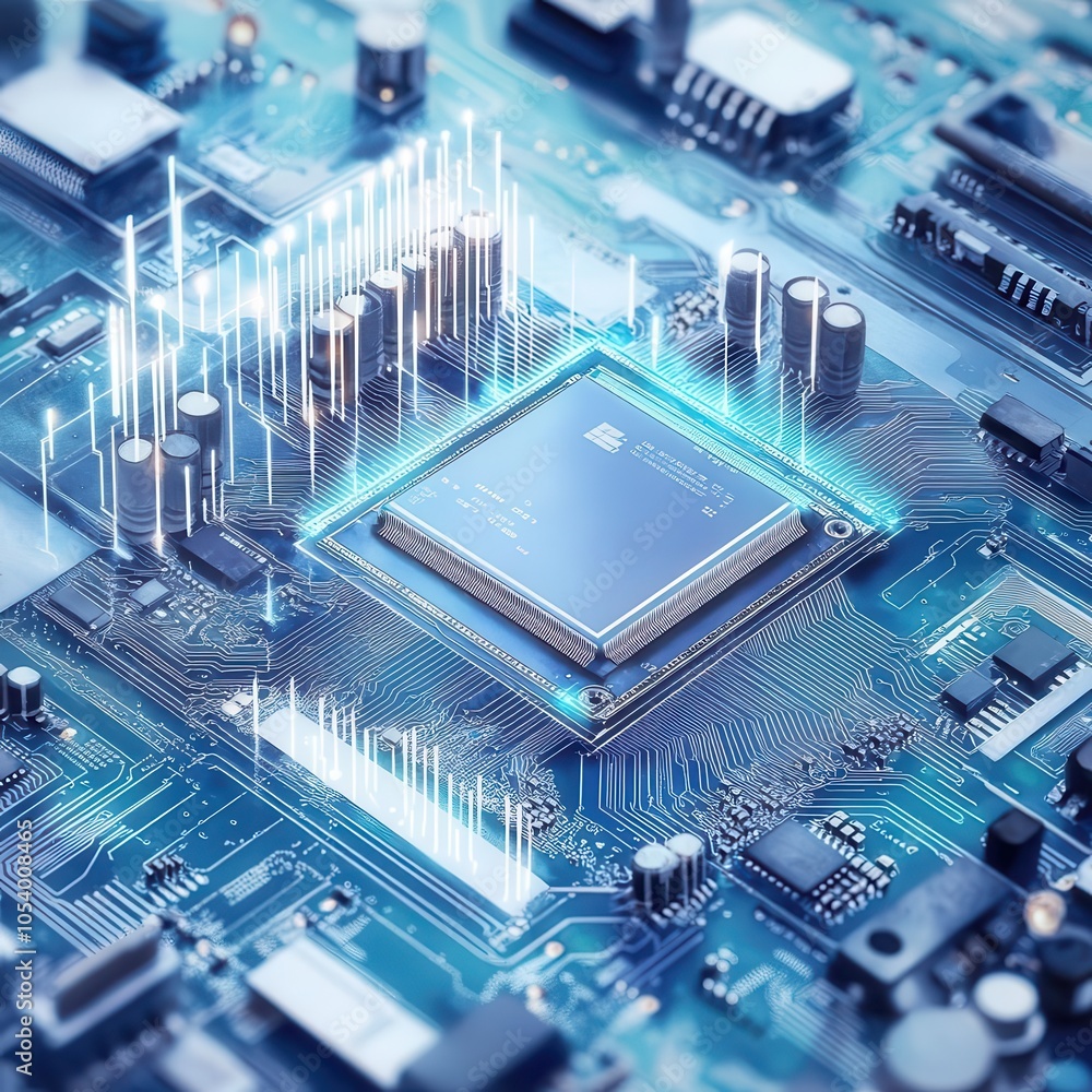 Poster a close-up of a computer motherboard featuring a central processor, intricate circuitry, and glowing