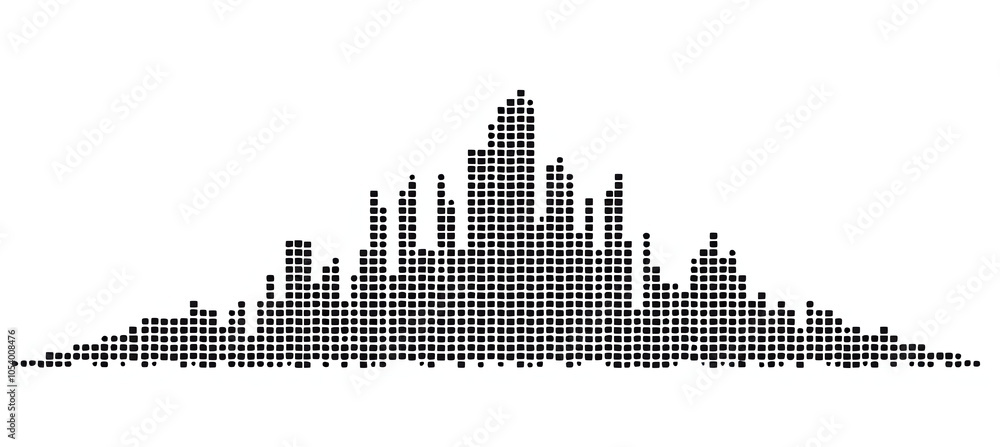 Poster abstract representation of a city skyline created with black dots on a white background, showcasing 