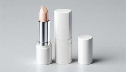 Obraz premium A white lipstick with a silver band and cap is shown on a gray background.