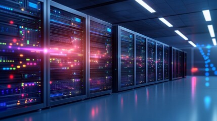 A modern server room with neatly arranged server racks and cables, featuring an urban architectural design, bright lighting, and an empty, spacious layout
