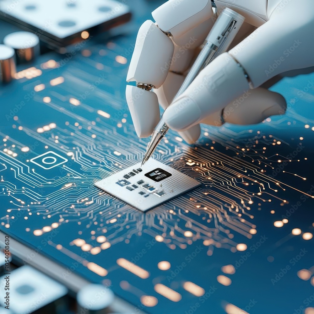 Poster a robotic hand delicately applies a pen to a computer chip on a circuit board, showcasing technology