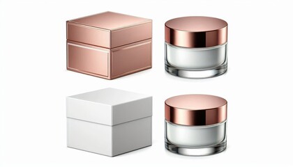 Two images of cream jars with rose gold lids. One jar is paired with a rose gold box, and the other with a white box.